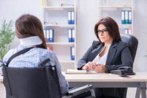 An accident victim asks questions to a truck accident lawyer.